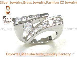 Engagement brass CZ jewelry ring with clear CZ stone and full rhodium plating