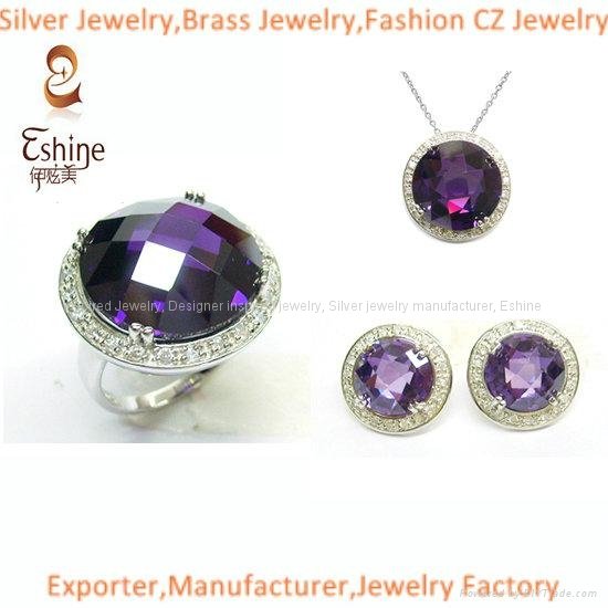 2015 High Quality Brass CZ Jewelry Set with big round amethyst CZ stones Wedding