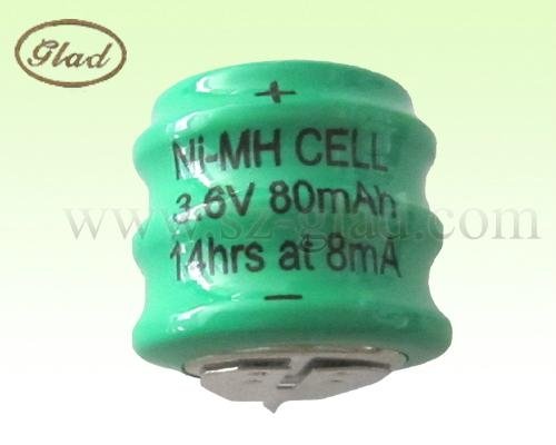 3.6V ni-mh button cell battery 160mA/80mAh with 2 pins  2