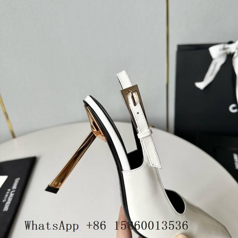 Women's Lee Stiletto Slingback Pumps,Saint Laurent Lee Patent leather shoe,white 5
