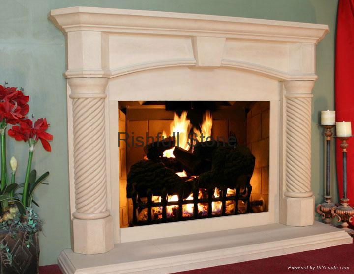 beige limestone fireplace surround