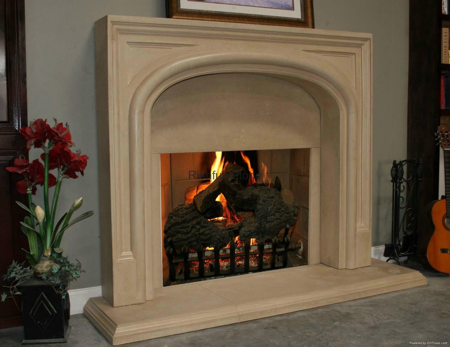 limestone wall mounted fireplace surround