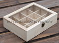 Unfinished wooden box with many dividers and hinged lid