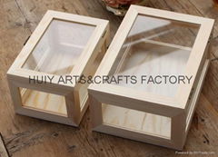 Unfinished wooden box with many dividers and hinged lid