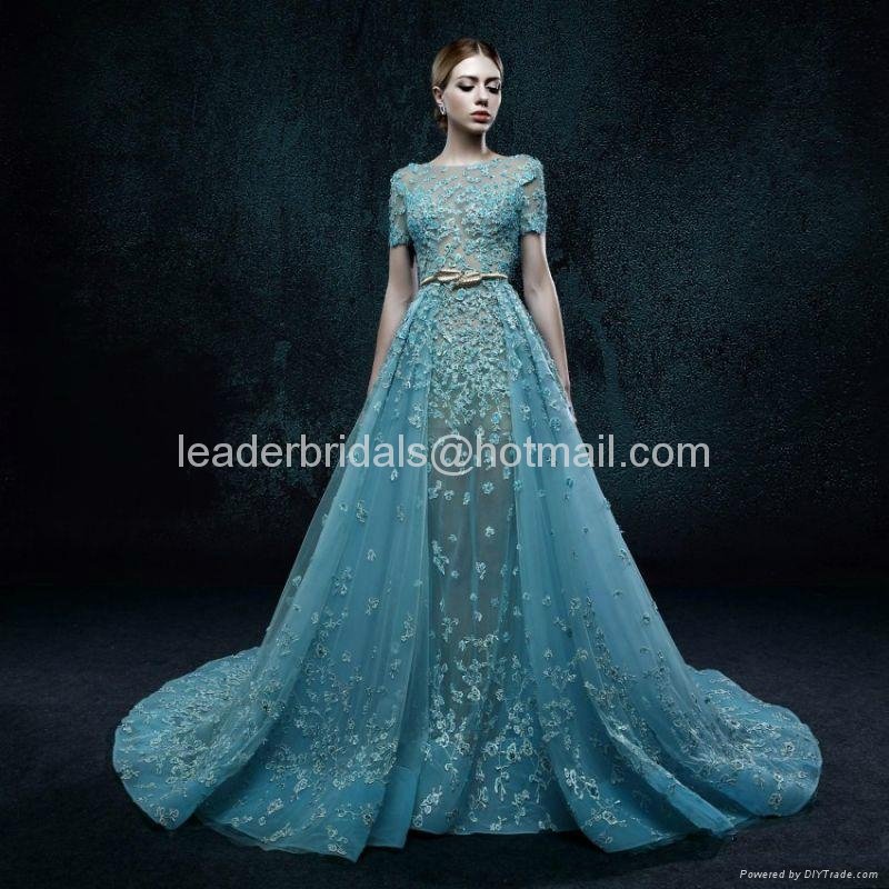 A-line 2017 Prom Dresses Blue Beads Lace Sheer Pageant Party Evening Gowns 2017  2