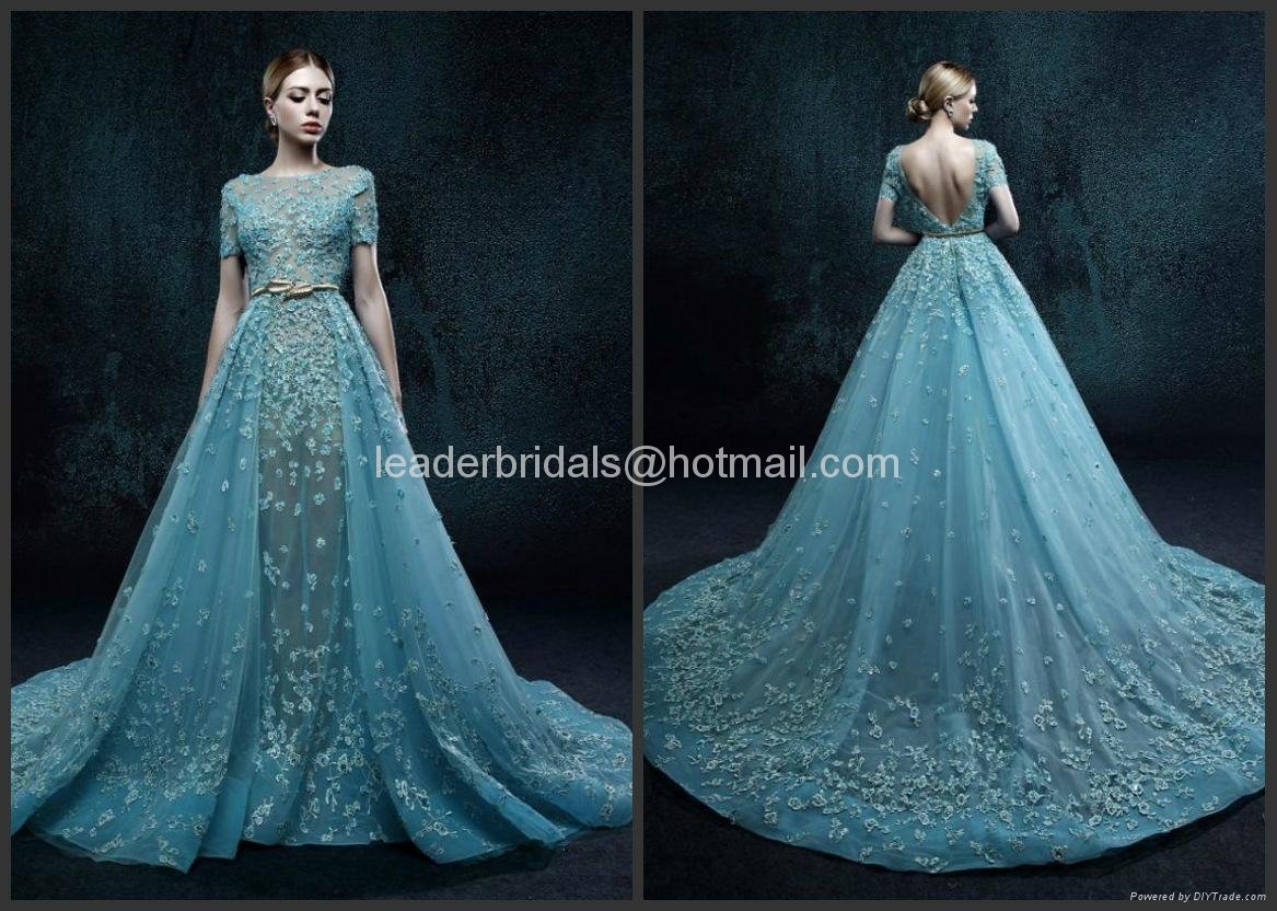 A-line 2017 Prom Dresses Blue Beads Lace Sheer Pageant Party Evening Gowns 2017 