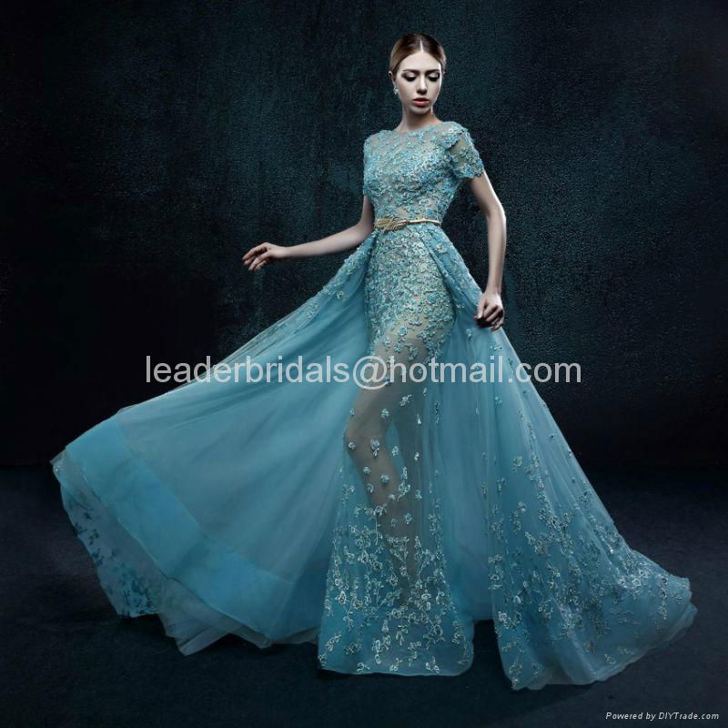 A-line 2017 Prom Dresses Blue Beads Lace Sheer Pageant Party Evening Gowns 2017  4