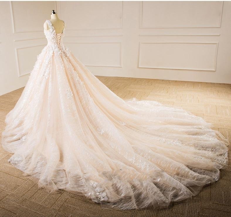Sleeveless V-neck Bridal Dresses Lace Tulle Champagne Custom Wedding Gown E229 2