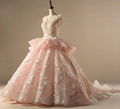 Pink Wedding Ball Gown Tulle Beaded Sheer 3D Flower Bridal Wedding Gowns WH8 1