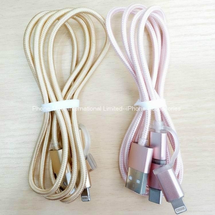 Gold color nylon braided 3in1 USB Data Cable