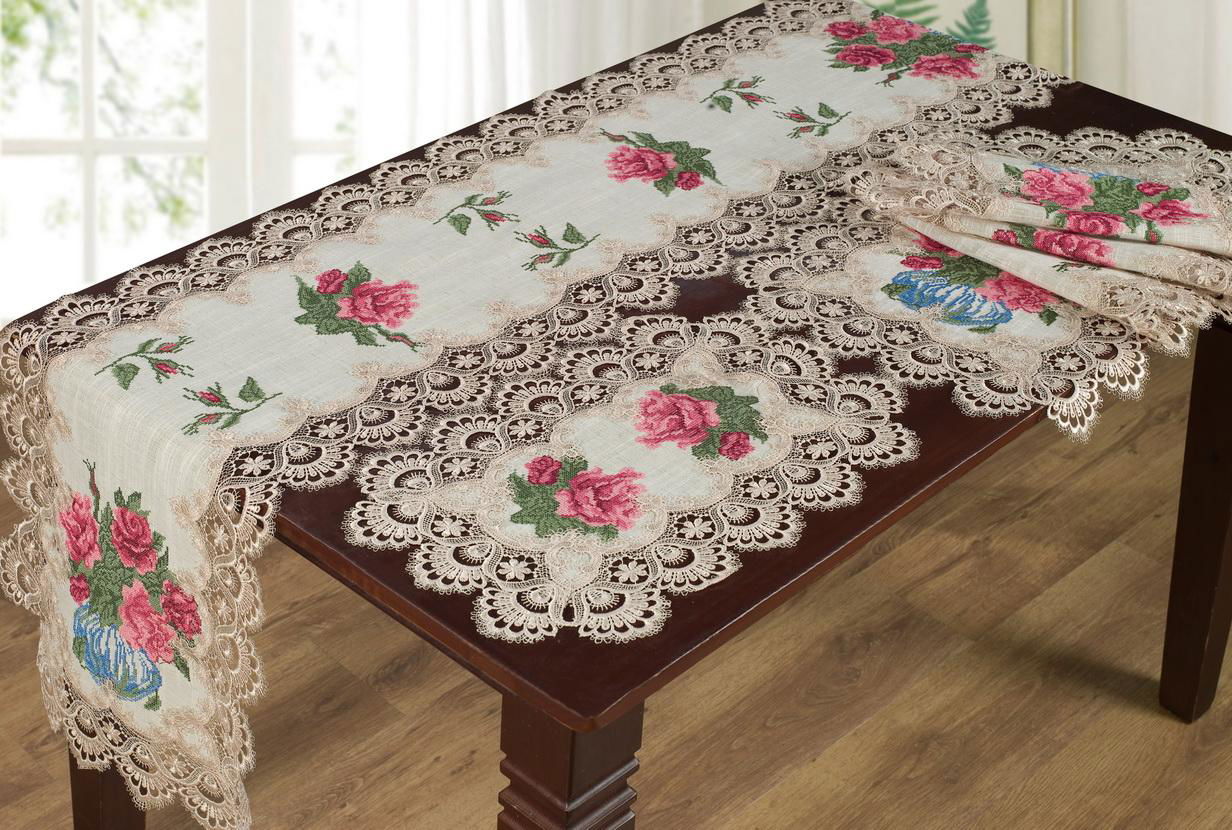 flower  cross stitch tablecloth with embroidery with lace 2