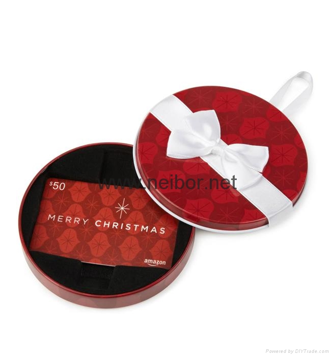 Round shape gift card tin holder with ribbon and flocked tray 2