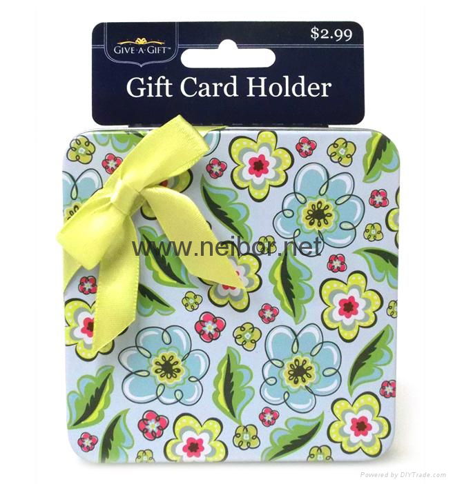 Round shape gift card tin holder with ribbon and flocked tray 3