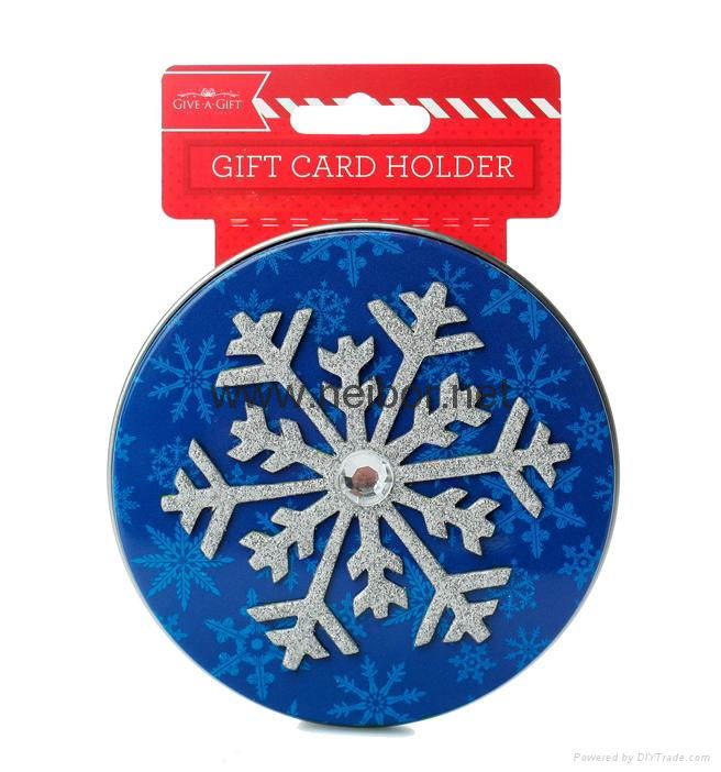 Round shape gift card tin holder with ribbon and flocked tray 5