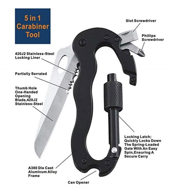 multitool carabiner/5 in 1 carabiner tool/multifunction carabiner/keychain knife