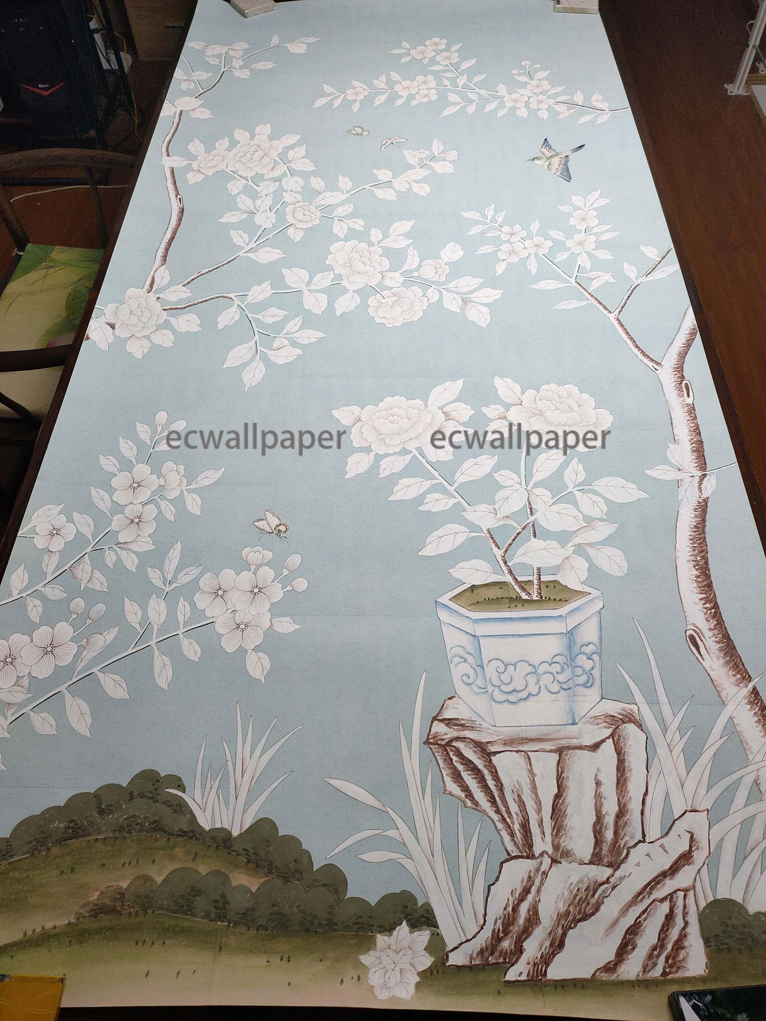 Floral Chinoiserie Handpainted Wallpaper On Blue Tea Paper 2