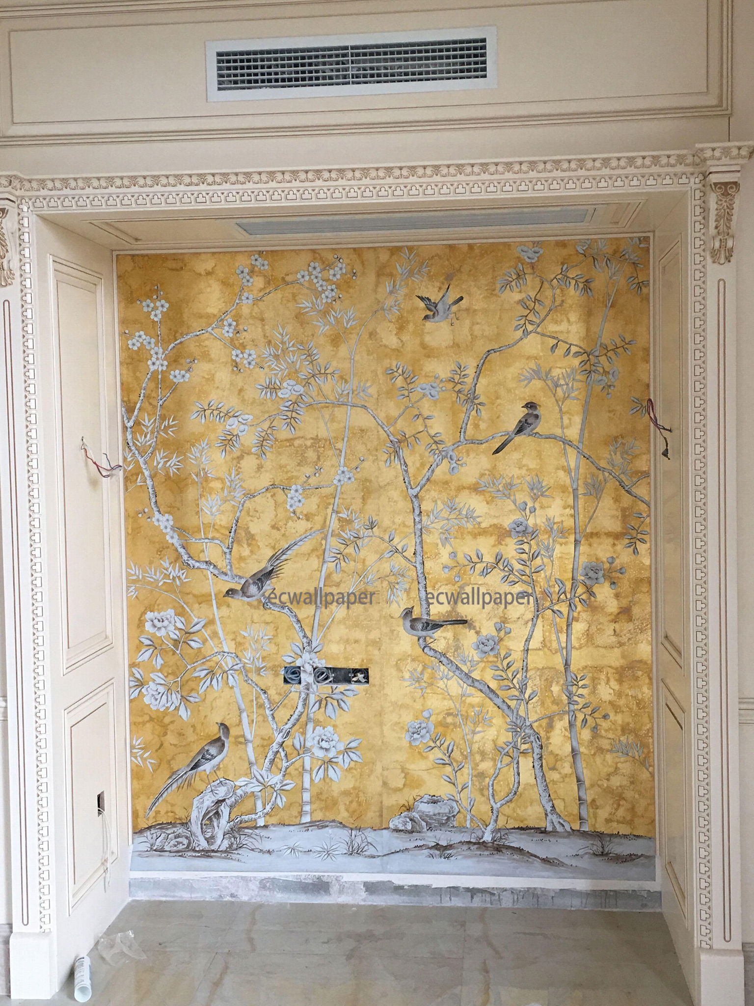 Chinoiserie Handpainted Wallpaper On Gold Metallic With Antiques