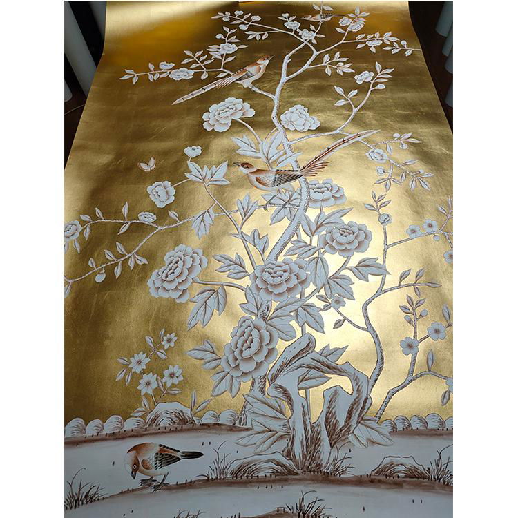Chinoiserie hand painted wallpaper gold metallic gilded silk 3