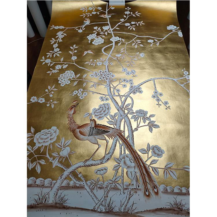 Chinoiserie hand painted wallpaper gold metallic gilded silk 4
