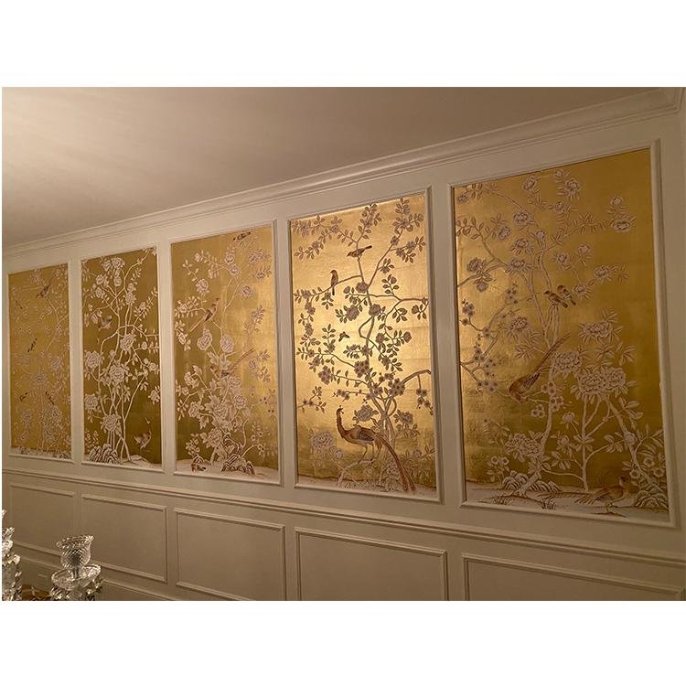 Chinoiserie hand painted wallpaper gold metallic gilded silk