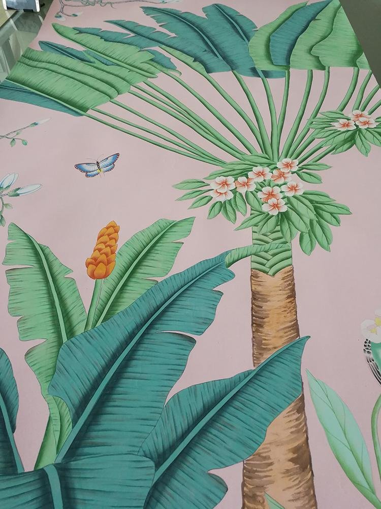 Palm Chinoiserie hand painted wallpaper on pink silk, hand painted artworks 3