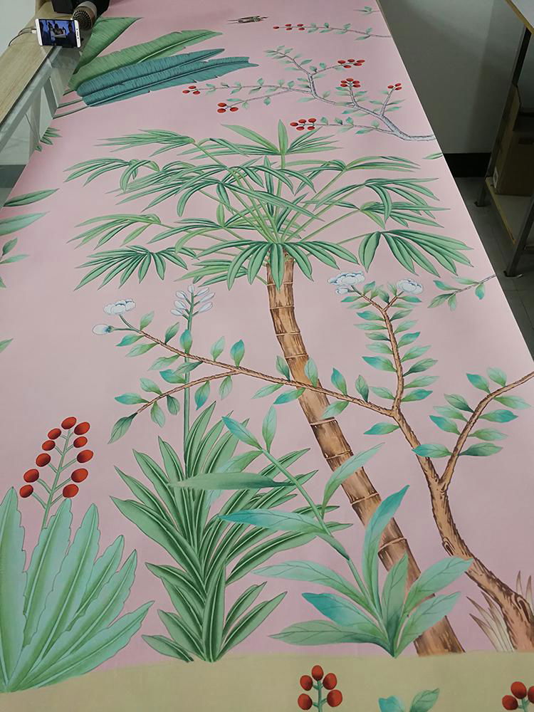 Palm Chinoiserie hand painted wallpaper on pink silk, hand painted artworks 4