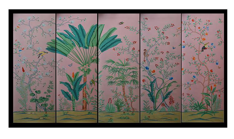 Palm Chinoiserie hand painted wallpaper on pink silk, hand painted artworks