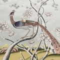 Floral Chinoiserie hand painted wallpaper on blue silk, hand painted artworks