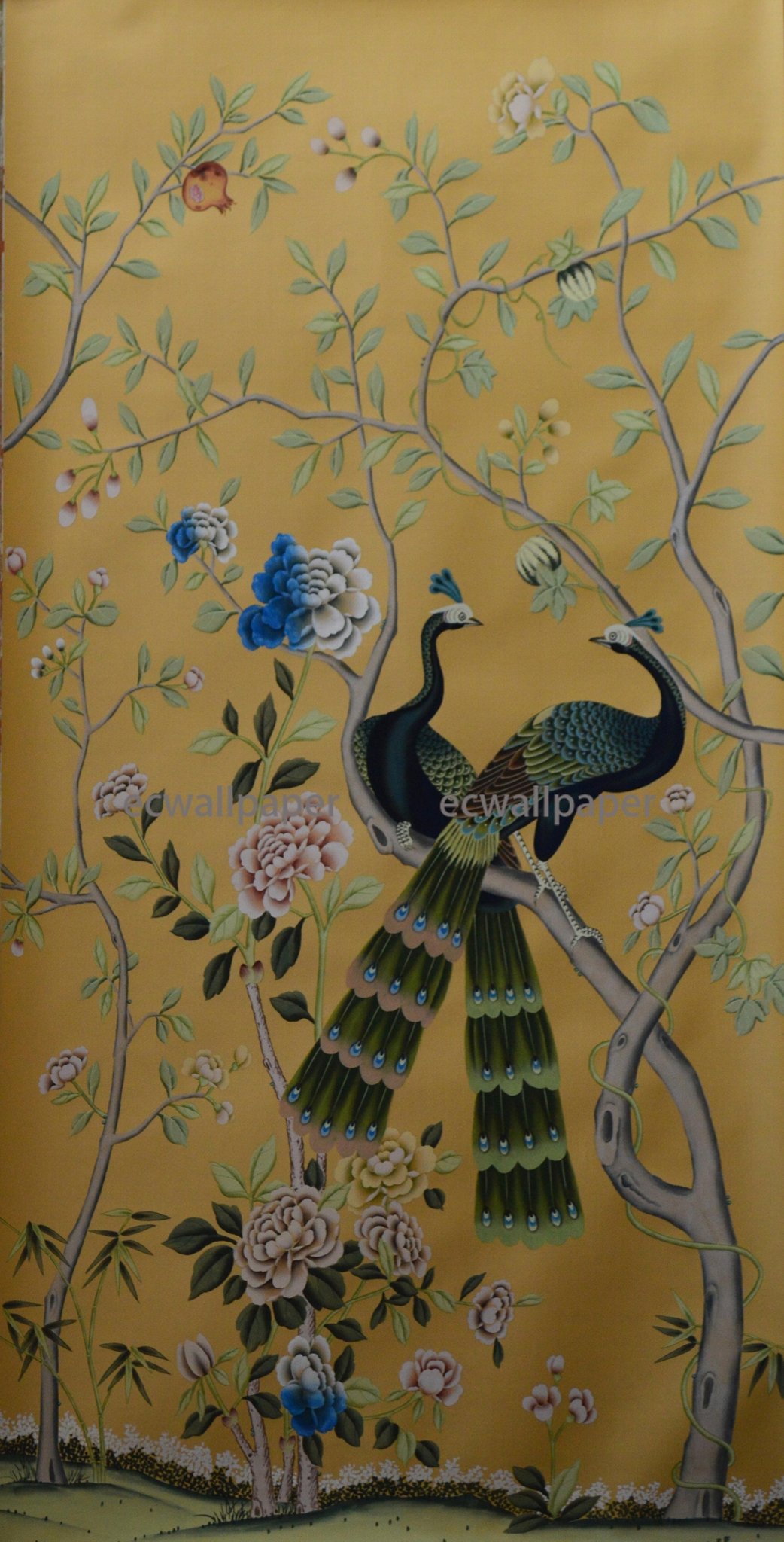 Peacock Chinoiserie hand painted wallpaper on yellow silk for home deco 4