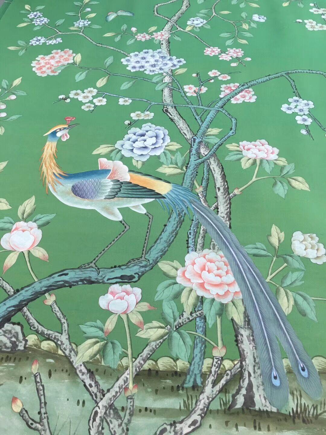 Chinoiserie hand painted wallpaper on Emerald green silk, Chinoiserie