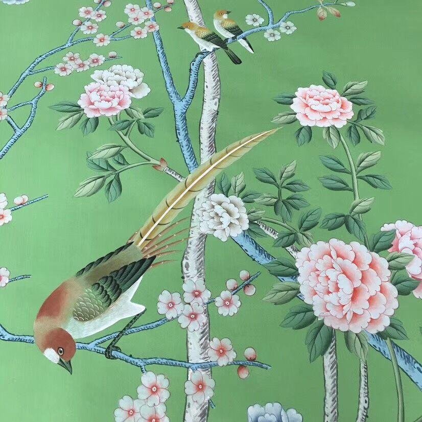 Chinoiserie hand painted wallpaper on Emerald green silk, Chinoiserie wallpaper 3