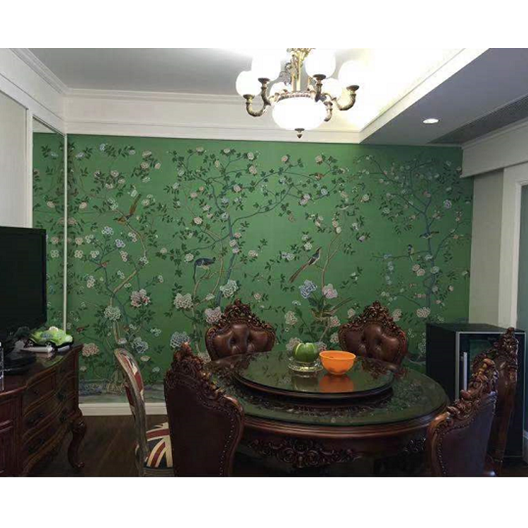 Chinoiserie hand painted wallpaper on Emerald green silk, Chinoiserie wallpaper 4