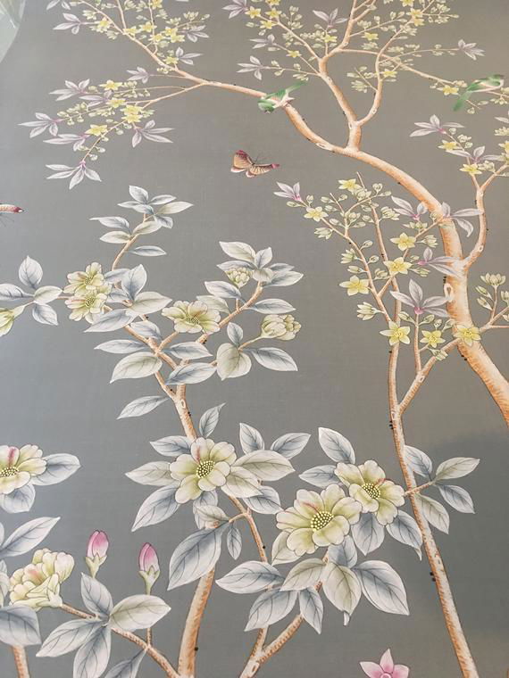 Chinoiserie hand painted wallpaper on sky blue silk, Chinoiserie wallpaper 2