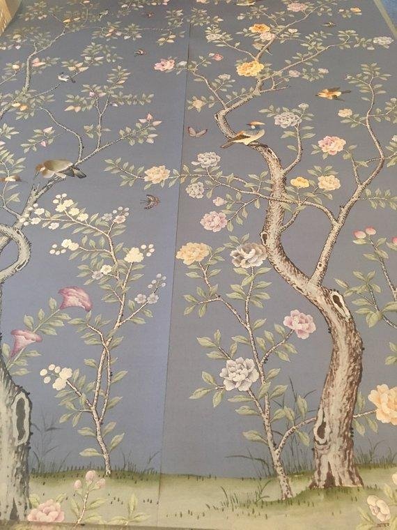 Chinoiserie hand painted wallpaper on sky blue silk, Chinoiserie wallpaper
