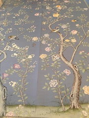 Chinoiserie hand painted wallpaper on sky blue silk, Chinoiserie wallpaper