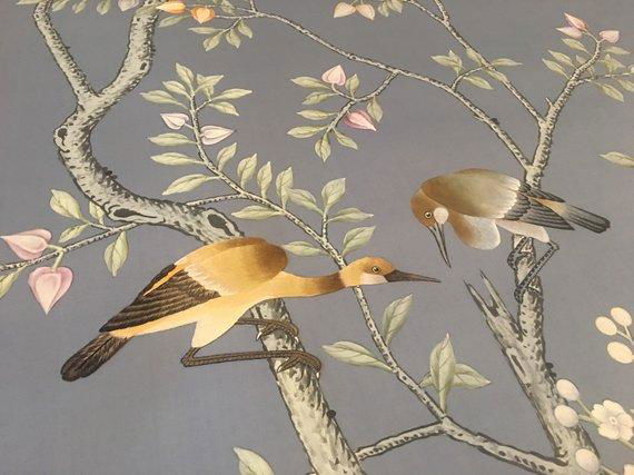 Chinoiserie hand painted wallpaper on sky blue silk, Chinoiserie wallpaper 3