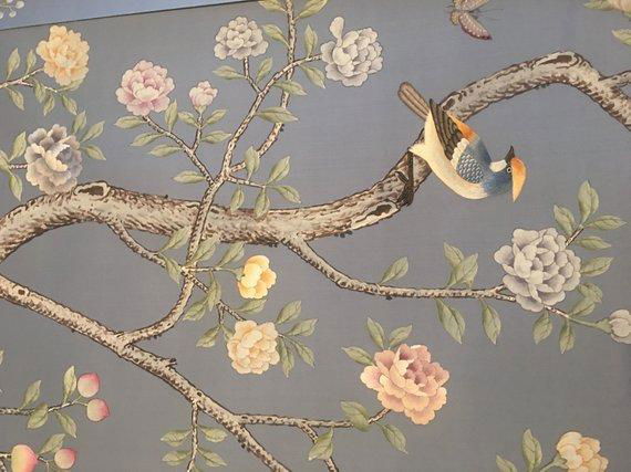 Chinoiserie hand painted wallpaper on sky blue silk, Chinoiserie wallpaper 4