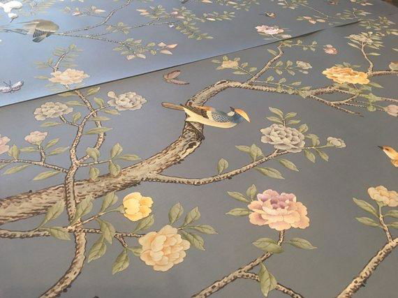 Chinoiserie hand painted wallpaper on sky blue silk, Chinoiserie wallpaper 5