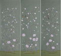 Penoy Chinoiserie hand painted wallpaper on green silk, Chinoiserie wallpaper