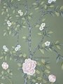 Penoy Chinoiserie hand painted wallpaper on green silk, Chinoiserie wallpaper