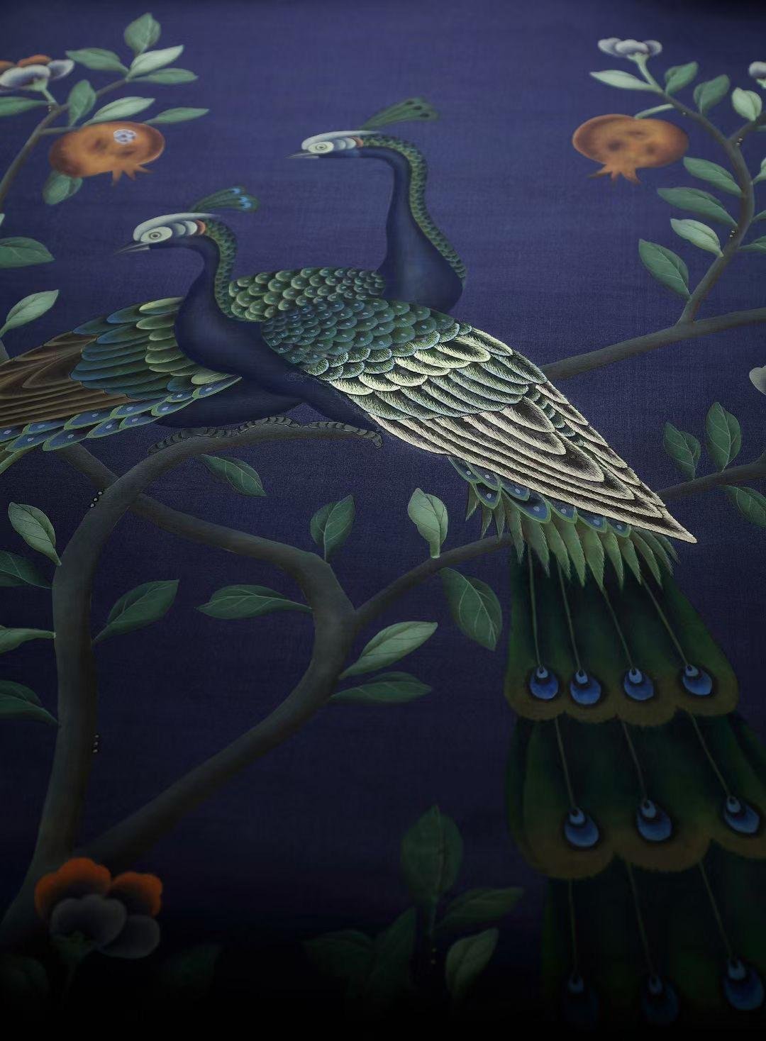 Peacock Chinoiserie hand painted wallpaper on blue silk, Chinoiserie wallpaper