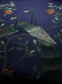 Peacock Chinoiserie hand painted wallpaper on blue silk, Chinoiserie wallpaper 1