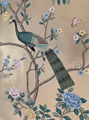 Peacock Chinoiserie handpainted wallpaper on champine silver metallic