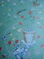 Chinoiserie hand painted wallpaper on blue silk, Chinoiserie silk wallpaper 1