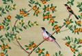 Fruit Chinoiserie hand painted wallpaper on blue silk, Chinoiserie wallpaper