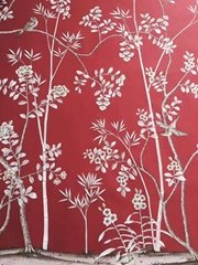 Chinoiserie hand painted wallpaper on red silk, Chinoiserie silk wallpaper