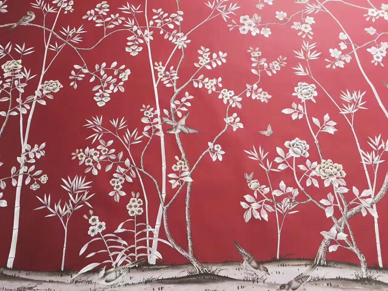 Chinoiserie hand painted wallpaper on red silk, Chinoiserie silk wallpaper 2