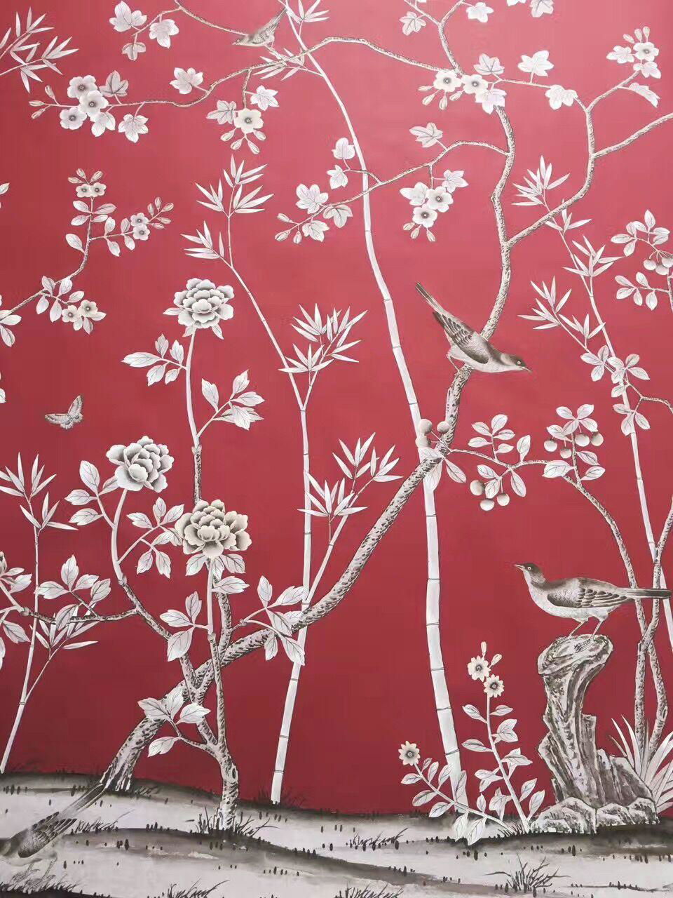 Chinoiserie hand painted wallpaper on red silk, Chinoiserie silk wallpaper 3