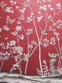 Chinoiserie hand painted wallpaper on red silk, Chinoiserie silk wallpaper