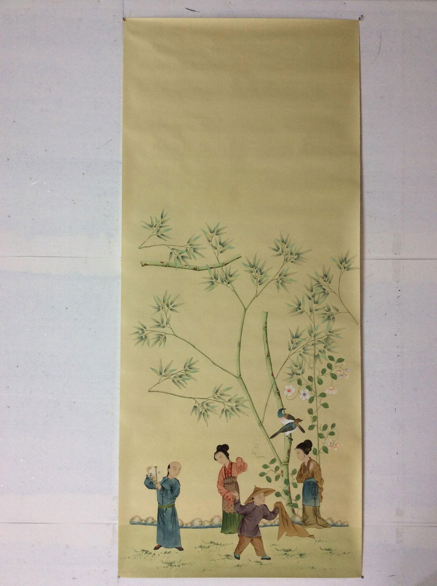 Bamboo Chinoiserie hand painted wallpaper on silk, Chinoiserie silk wallpaper 4